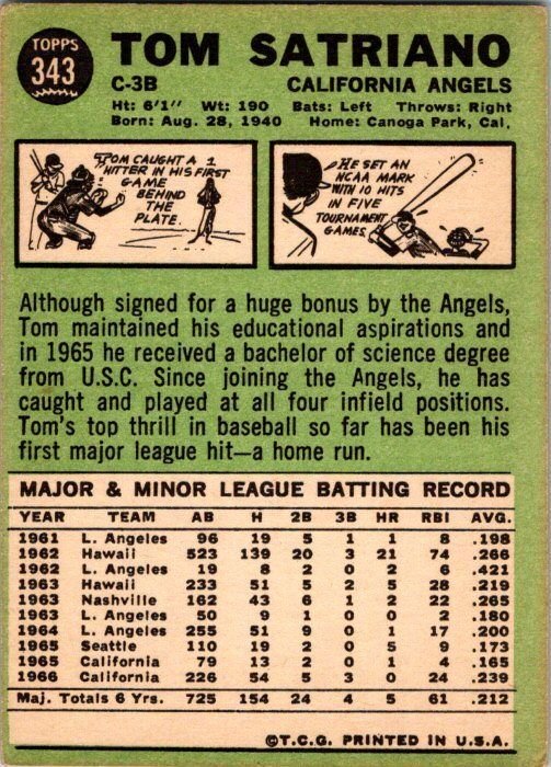 1968 Topps Baseball Card Tom Satriano Calfornia Angels sk3527