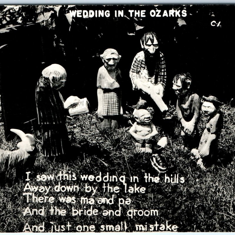 1950 Gnome Wedding in Ozarks RPPC Grass Stone Figures Real Photo Postcard A101
