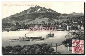 Old Postcard Luzern Switzerland Bahnhof und Pilatus Boat