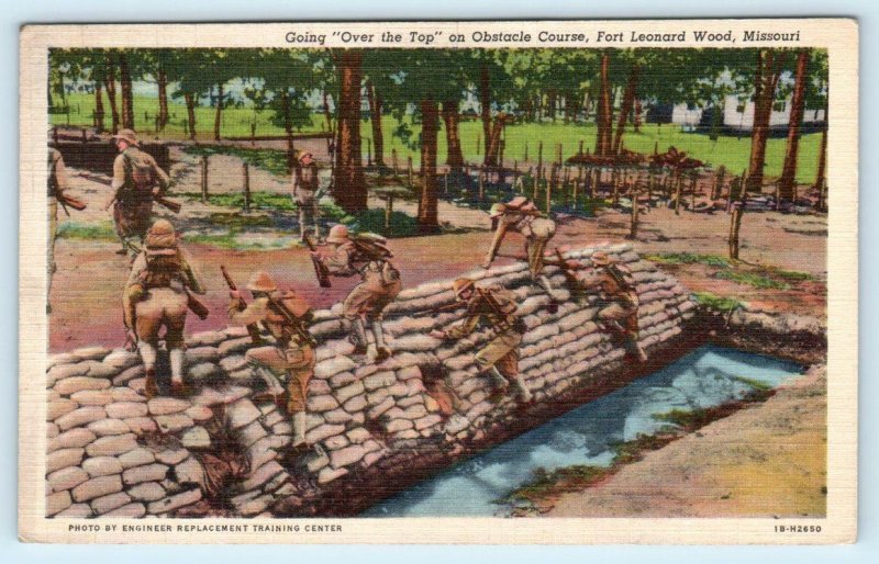 2 Postcards FORT LEONARD WOOD, MO ~ Barracks & OBSTACLE COURSE c1940s WWII Era