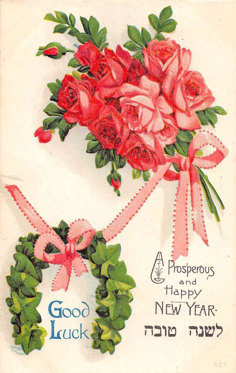 New Year Greetings Good Luck Pink Roses and Ivy Vintage Postcard