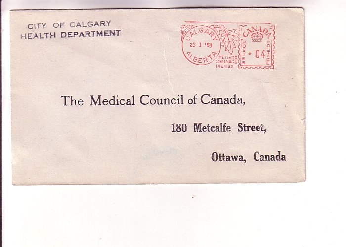 Cover to Medical Council of Canada, City of Calgary Health Department Used 1953