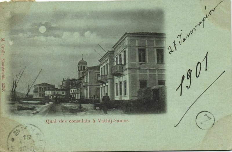 greece, SAMOS VATHY Βαθύ, Quay of the Consulates (1901) Moonlight Postcard