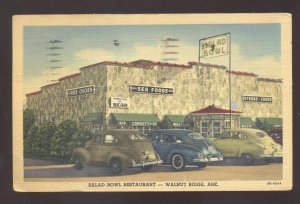 WALNUT RIDGE ARKANSAS SALAD BOWL RESTAURANT OLD CARS ADVERTISING POSTCARD