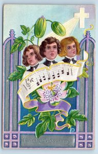 Easter Postcard Greetings Boys Choir Jesus Christ Risen To Day Flowers Cross