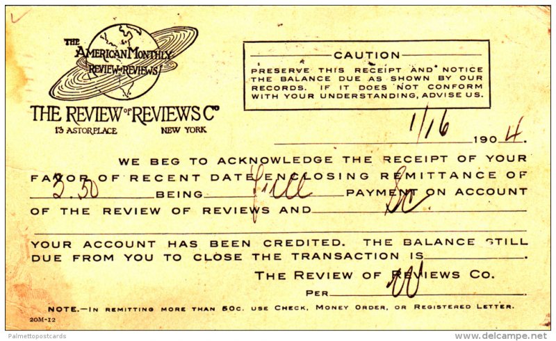 Payment Receipt Card, The American Monthly Review of Reviews Subscription, As...