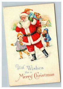 Vintage 1910's Christmas Postcard Santa Claus with Bag of Toys Children Follow