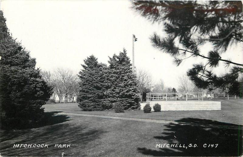 Mitchell SD Real Photo Postcard~Hitchcoco Park Lit-Up Platformn~Pine Trees 1940s