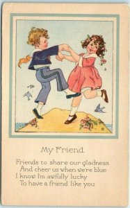 M-36374 Children Playing Art Print with Poem My Friend Friendship Greeting Card