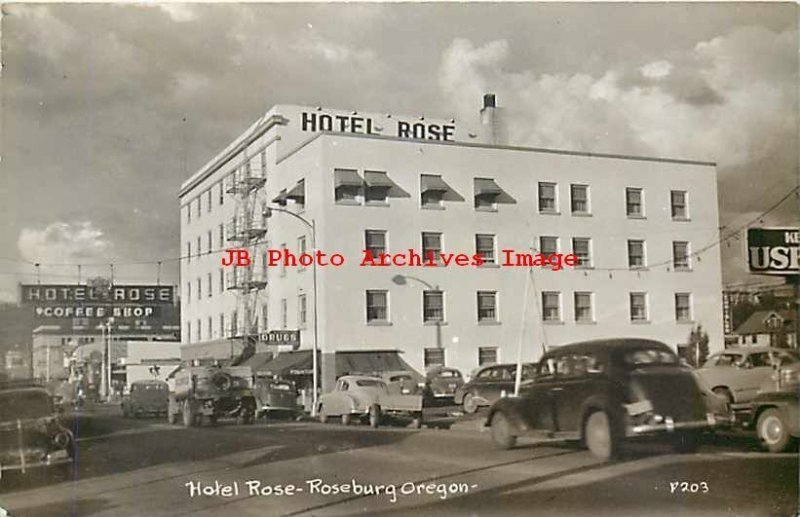 OR, Roseburg, Oregon, RPPC, Rose Hotel, Exterior View, 50s Cars, Photo No P203 