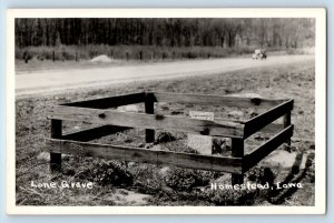 Homestead Iowa IA Postcard RPPC Photo Lone Grave Dirt Road Car Scene c1950's