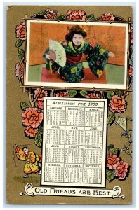 c1910's Japanese Kimono Woman Flower Calendar Old Friends Are Best Postcard