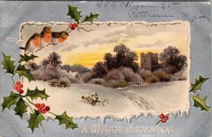 Christmas Greetings With Holly and Landscape Scene 1907