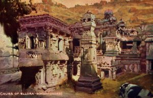 India Caves Of Ellora Bombay Indes Mumbai Artist Signed Vintage Postcard 08.89
