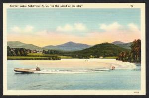 Asheville NC Water Skiing on Beaver Lake 1940s-1950s Linen Postcard