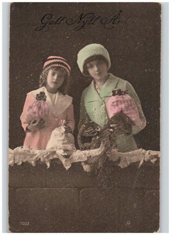 Girls with Money Bags & Horseshoe Hand Painted Antique RPPC European New Year 