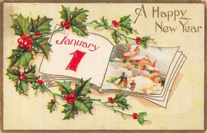Vintage 1913 A Happy New Year Postcard January 1 Holly Design
