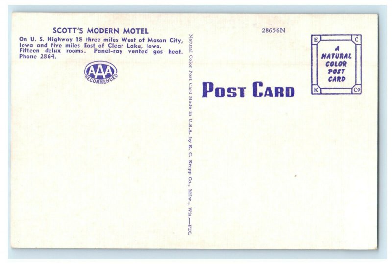 c1940s Scott's Modern Mason City Iowa IA Unposted Vintage Postcard