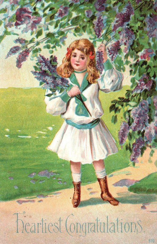 Vintage Postcard 1908 Heartiest Congratulations Cute Little Girl Greetings