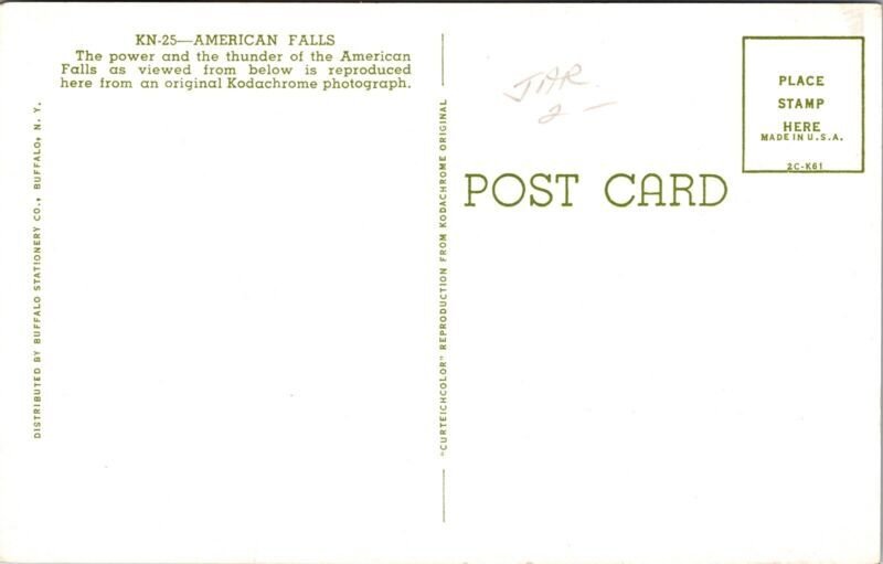 American Falls Kodachrome From Below Postcard UNP VTG Unused Vintage New York NY