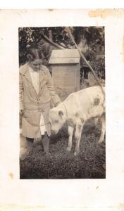 C36/ Occupational Real Photo RPPC Postcard c1910 Woman Farmer Pet Calf 14