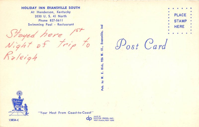 Henderson Kentucky 1960s Postcard Holiday Inn Motel Evansville South