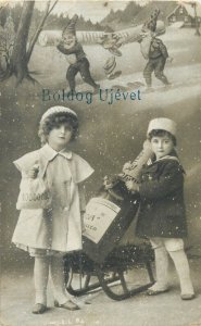 New Year greetings children couple sledge champagne cheers dwarfs money bags 