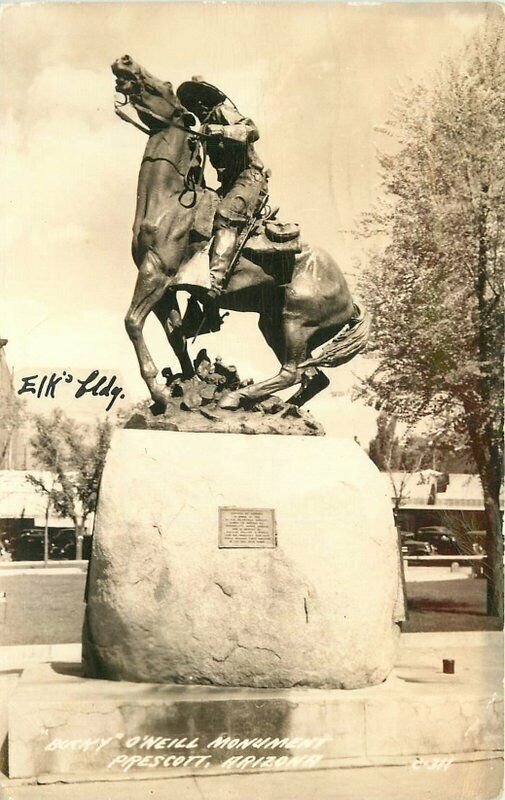 Prescott Arizona Bucky O'Neil Monument 1943 RPPC Photo Postcard