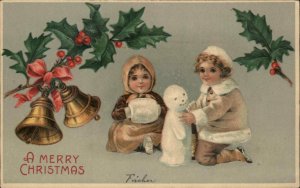 Christmas Children Snowman Bell Holly Vintage Postcard