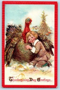 Frances Brundage Signed Postcard Thanksgiving Greetings Little Boy Turkey c1910s
