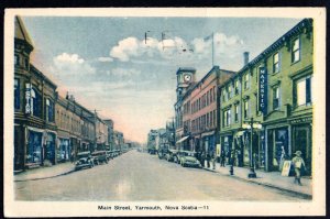 Nova Scotia YARMOUTH Main Street with Store Fronts and Older Cars pm1935 - PECO