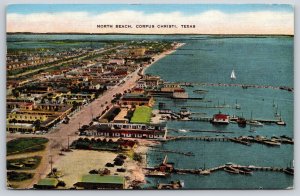 Corpus Christi Texas~North Beach Aerial View~Docks~Sailboat~Linen 1950 Postcard