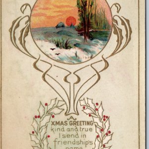 c1910s A Xmas Greeting Kind and True Artistic Embossed Sunset Sea Wreath PC A205