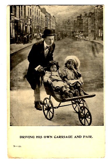 Man Pushing Little Girls in Vintage Stroller, Driving His Own Pair, Humour