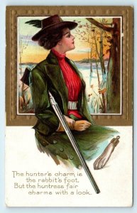 BEAUTIFUL WOMAN Hunter w/RIFLE Gold Border Background c1910s Embossed  Postcard