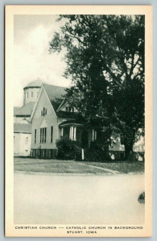 Stuart Iowa~Christian Church~Catholic Church Behind~1940s Artvue Postcard 