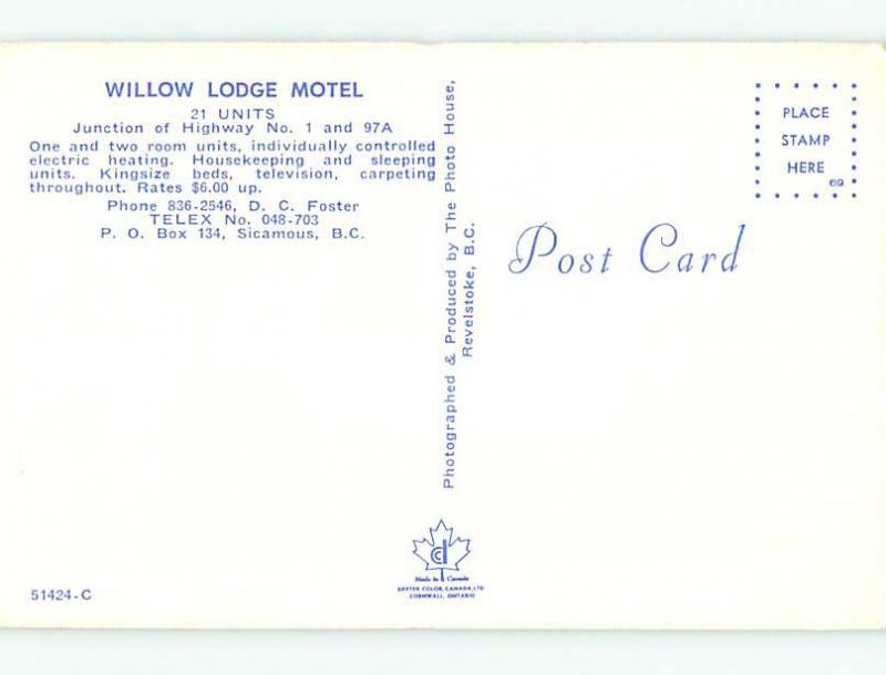 Unused Pre-1980 WILLOW LODGE MOTEL in Sicamous British Columbia Canada u4167