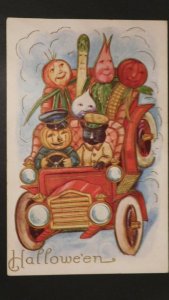 Mint Vegetable People, Black Cat, Jack-O'-Lantern in Car Halloween Postcard 
