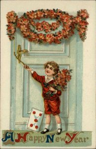 NEW YEAR Little Boy at Ornate Door w Flowers c1910 Postcard