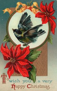 Vintage Postcard to Wish You A Very Happy Christmas Bird And Flowers Greetings