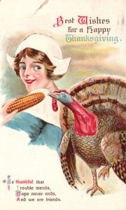 Vintage Postcard Good Wishes For Happy Thanksgiving To You Girl & Wild Turkey