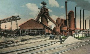 Dover Ohio Pensylvania Iron Coal Co. Postcard Hand Colored Blue Sky Train Tracks