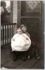 c1910s Heartwarming Brother & Baby Sister RPPC Sibling Boy Girl Real Photo A143