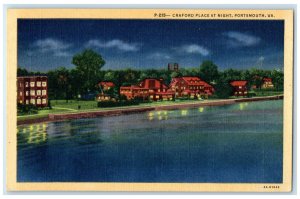 c1950's Craford Place at Night River View Portsmouth Virginia VA Postcard