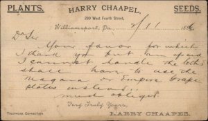 Williamsport PA 1886 Postal Card Harry Chaapel Plants Seeds Agriculture