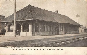 MC & PMRR STATION Lansing, Michigan Railroad Depot Train Station Postcard 1909