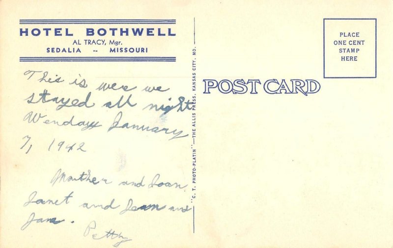 Sedalia, Missouri HOTEL BOTHWELL Al Tracy Room Interior c1930s Vintage Postcard