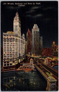 Wrigley Buildings and River by Night Chicago Illinois Plaza North End Postcard