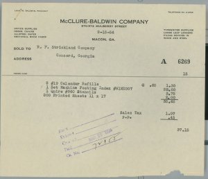 1954 McClure-Baldwin Company Mulberry Street Macon GA Office Suppies Invoice 242 