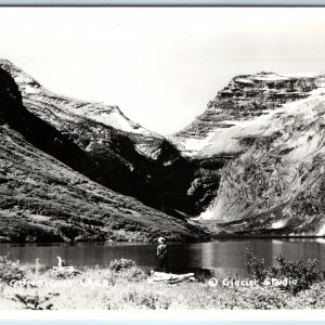 c1940s Glacier National Park MT RPPC Gunsight Lake Man Fishes Real Photo PC A207